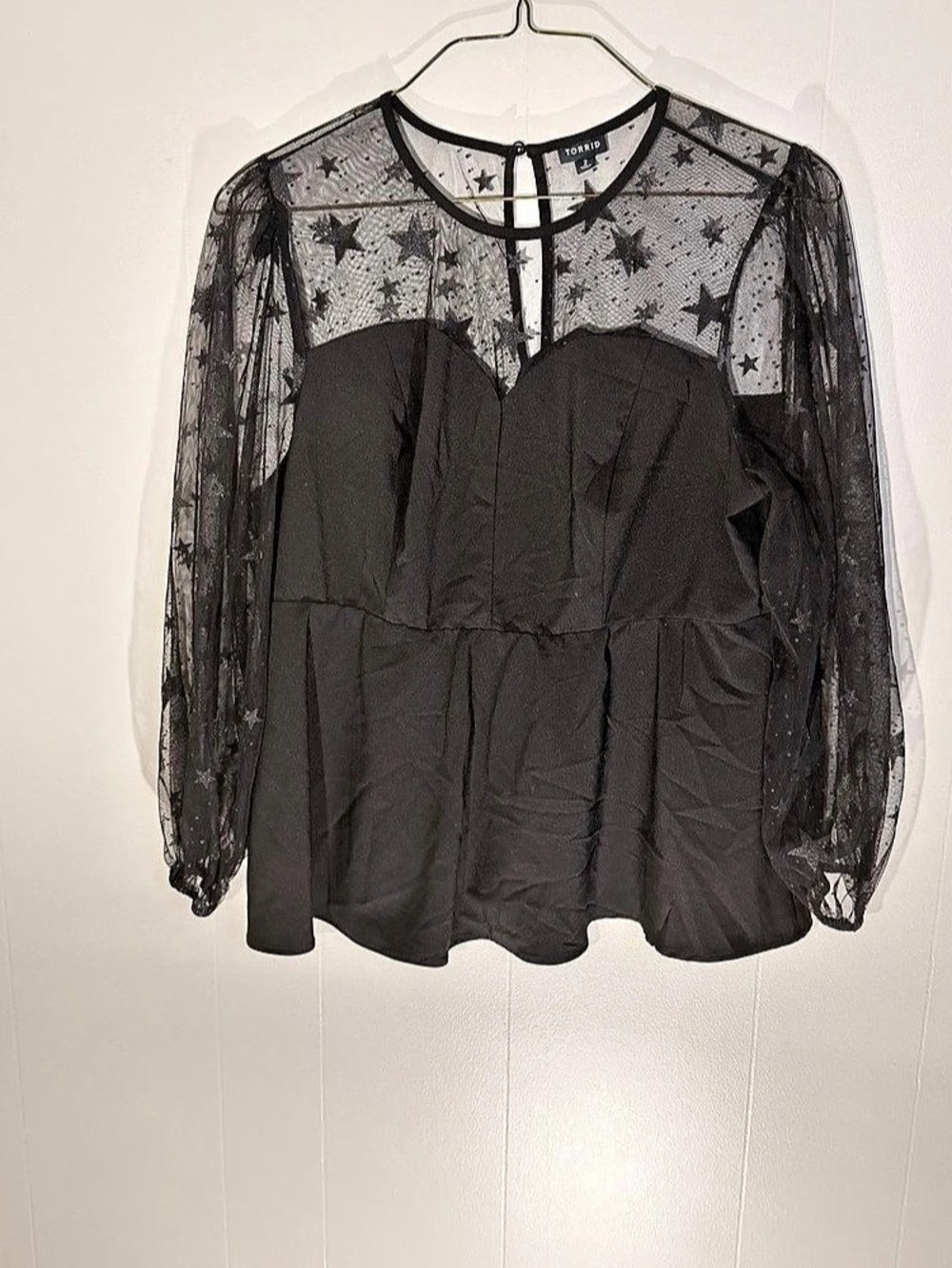 Torrid Black Star Mesh & Premium Ponte Peplum Top Star Mesh Long Sleeve Blouse
